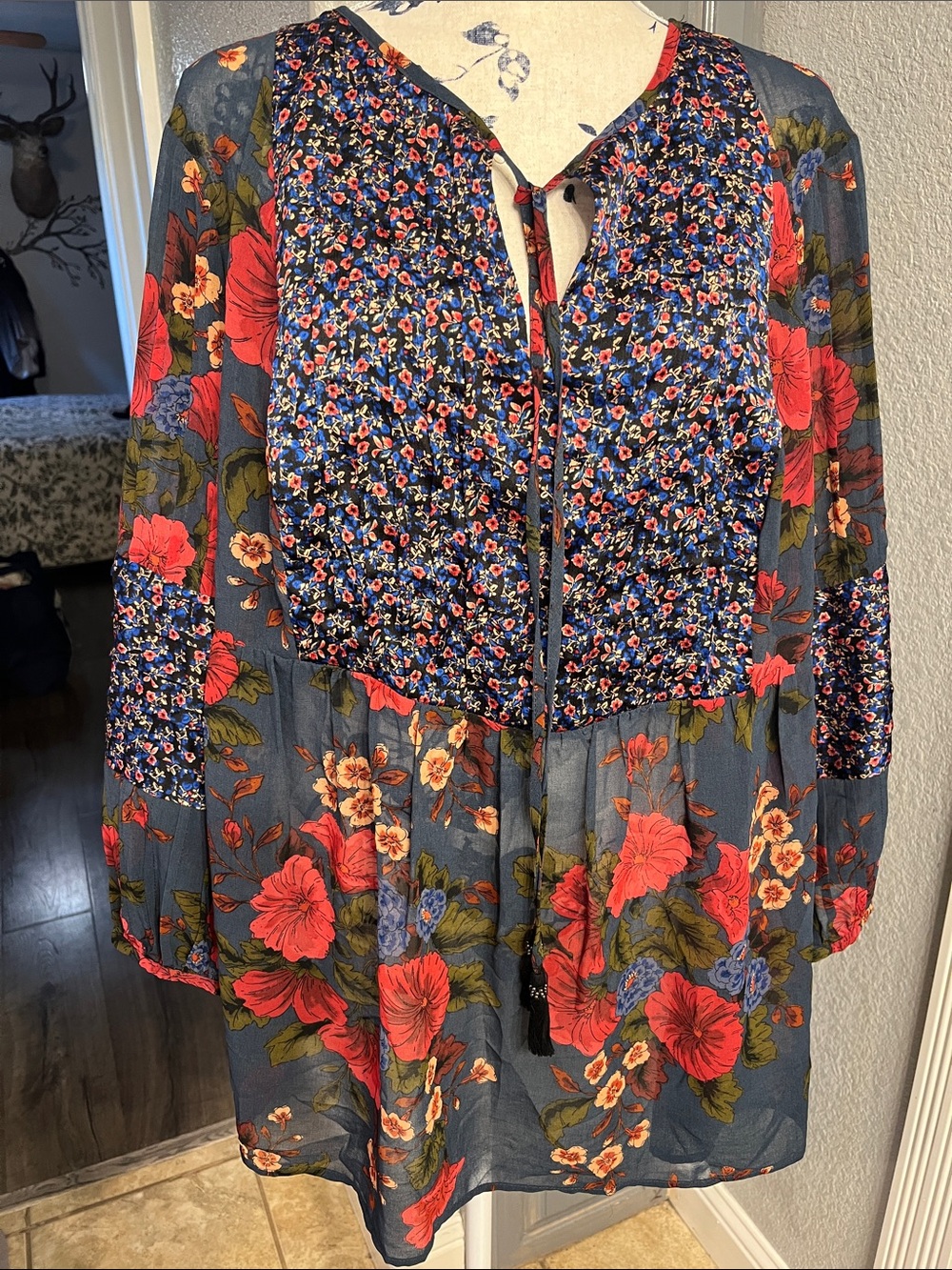 Daniel Rainn Navy Floral Peasant Blouse with Red & Green Accents